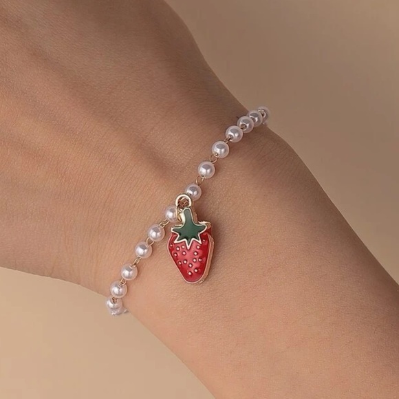 Jewelry - Strawberry Charm Faux Pearl Bracelet Golden Chain